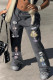 Black Casual Print Patchwork Draw String Straight Mid Waist Straight Positioning Print Bottoms