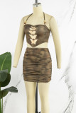 Brown Sexy Butterfly Print Bandage Backless Fold Halter Sleeveless Two Pieces