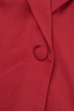 Red Casual Solid Cardigan Pants Turn-back Collar Long Sleeve Two Pieces