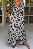 Silver Casual Print Leopard Patchwork V Neck Long Dress Dresses