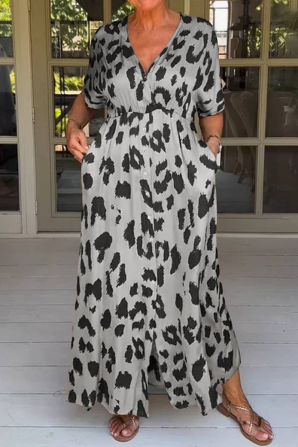 Silver Casual Print Leopard Patchwork V Neck Long Dress Dresses