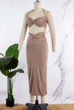 Coffee Sexy Solid Hollowed Out Backless Spaghetti Strap Sleeveless Dress Dresses