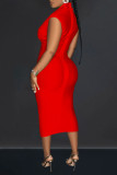 Red Casual Solid Patchwork V Neck Sleeveless Dress Dresses