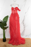 Red Sexy Formal Solid Patchwork See-through Backless Strapless Long Dress Dresses