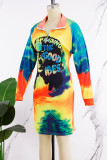 Multicolor Street Print Patchwork Letter Zipper Collar One Step Skirt Dresses