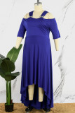 Blue Casual Solid Asymmetrical V Neck Long Dress Plus Size Dresses