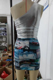 Silver Sexy Street Print Patchwork Backless Fold One Shoulder Sleeveless Two Pieces