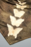 Brown Sexy Butterfly Print Bandage Backless Fold Halter Sleeveless Two Pieces
