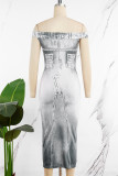 Grey Street Print Patchwork Backless Off the Shoulder One Step Skirt Dresses