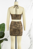 Brown Sexy Butterfly Print Bandage Backless Fold Halter Sleeveless Two Pieces