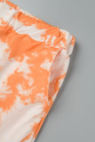 Tangerine Red Casual Tie Dye Patchwork Draw String Pocket Hooded Collar Long Sleeve Two Pieces