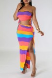 Multicolor Sexy Casual Striped Print Backless Slit Strapless Sleeveless Two Pieces