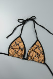 Coffee Sexy Casual Print Bandage Backless Swimwears