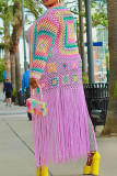 Pink Casual Tassel Bandage Hollowed Out Patchwork Cardigan Collar Outerwear