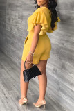 Yellow Casual Solid Patchwork Pocket Flounce V Neck Short Sleeve Two Pieces