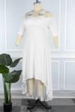 Cream White Casual Solid Asymmetrical V Neck Long Dress Plus Size Dresses