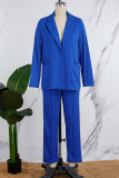 Blue Casual Solid Cardigan Pants Turn-back Collar Long Sleeve Two Pieces