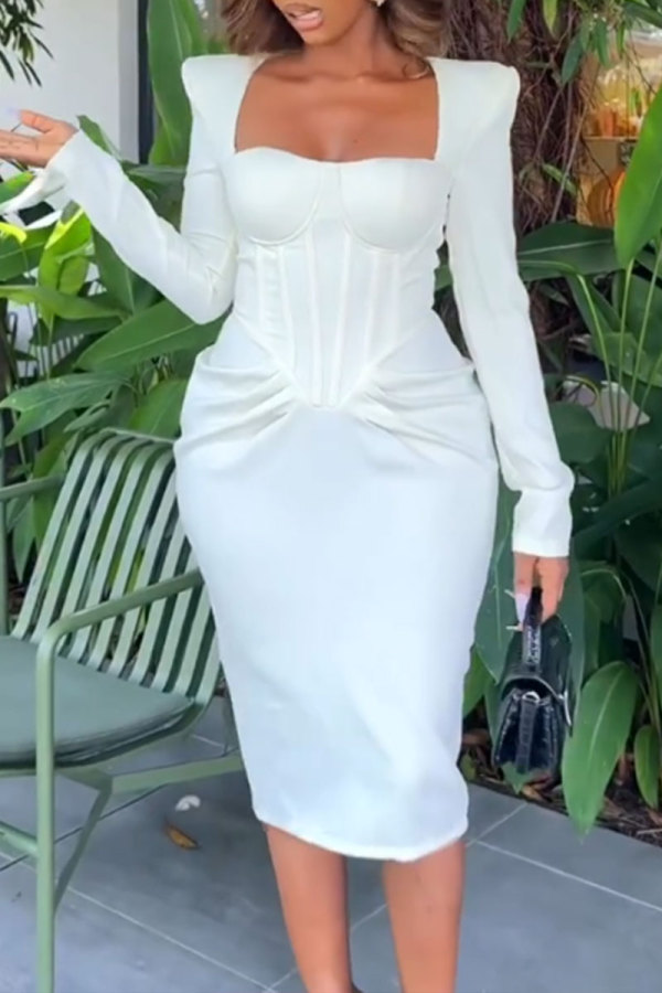 Cream White Daily Elegant College Patchwork Fold Solid Color Square Collar Long Sleeve Dresses
