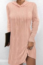 Pink Casual Solid Basic Hooded Collar Long Sleeve Dresses
