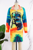Multicolor Street Print Patchwork Letter Zipper Collar One Step Skirt Dresses