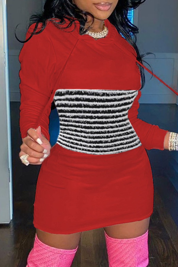 Red Casual Striped Patchwork Contrast Hooded Collar Long Sleeve Dresses