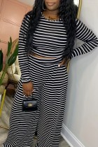 Black Casual Striped Print Basic O Neck Plus Size Two Pieces
