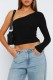 Black Casual Solid Backless Asymmetrical Oblique Collar Tops