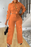 Red Street Solid Bandage Patchwork Pocket Buckle Shirt Collar Long Sleeve Two Pieces
