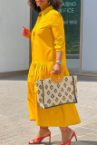 Yellow Sexy Sweet Solid Patchwork Buckle Shirt Collar Long Sleeve Dresses