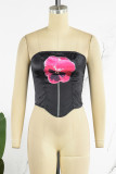 Black Street Floral Patchwork Backless Contrast Strapless Tops