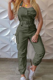 Red Casual Solid Patchwork Backless Square Collar Regular Jumpsuits