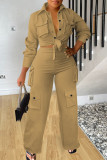 Green Street Solid Bandage Patchwork Pocket Buckle Shirt Collar Long Sleeve Two Pieces