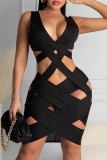 Black Sexy Solid Hollowed Out V Neck Sleeveless Dress Dresses