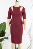 Red Elegant Solid Hollowed Out Patchwork Flounce O Neck Beach Dress Dresses