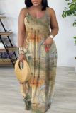 Earth Yellow Sexy Casual Print Backless Spaghetti Strap Long Dress Dresses