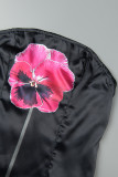 Black Street Floral Patchwork Backless Contrast Strapless Tops