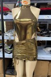 Gold Sexy Solid Bronzing Draw String Frenulum Halter Sleeveless Two Pieces