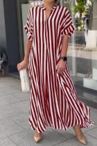 Red Casual Striped Print Patchwork V Neck Long Dress Dresses