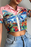 Pink Sexy Print Patchwork POLO collar T-Shirts