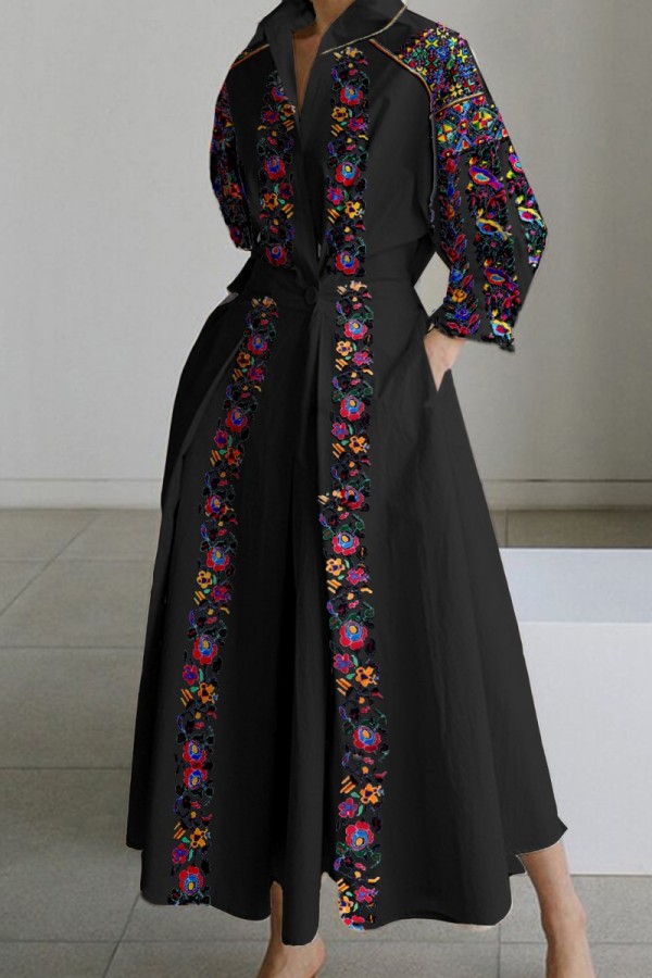 Black Casual Print Patchwork V Neck Long Sleeve Dresses