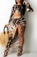Leopard Print Casual Print Frenulum Slit O Neck Long Sleeve Two Pieces