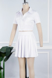 Blue Sexy Solid Patchwork Buckle Fold Turndown Collar Short Sleeve Two Pieces(Not Contain A Chatelaine)