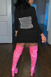 Red Casual Striped Patchwork Contrast Hooded Collar Long Sleeve Dresses