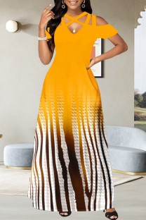 Yellow Casual Print Hollowed Out V Neck Long Dress Dresses