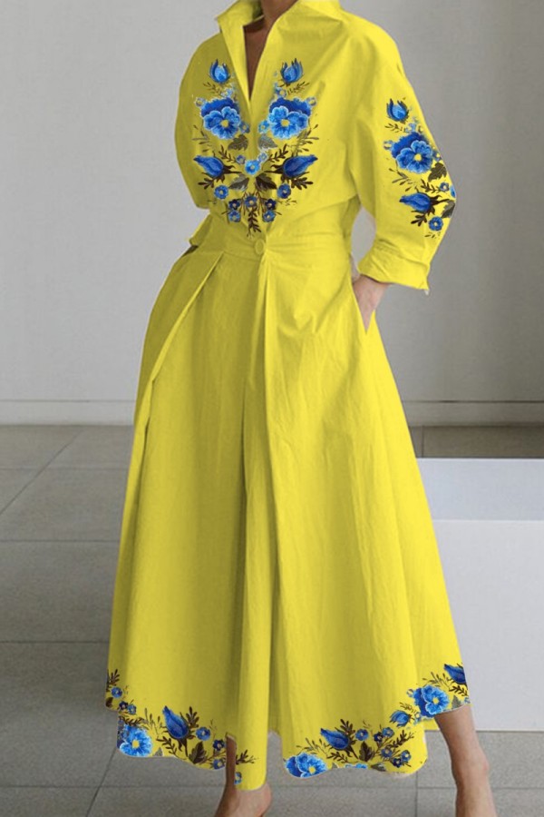 Yellow Casual Print Patchwork V Neck Long Sleeve Dresses