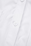 White Sexy Solid Patchwork Buckle Fold Turndown Collar Short Sleeve Two Pieces(Not Contain A Chatelaine)