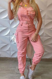Red Casual Solid Patchwork Backless Square Collar Regular Jumpsuits