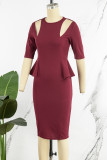 Red Elegant Solid Hollowed Out Patchwork Flounce O Neck Beach Dress Dresses