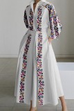 White Casual Print Patchwork V Neck Long Sleeve Dresses