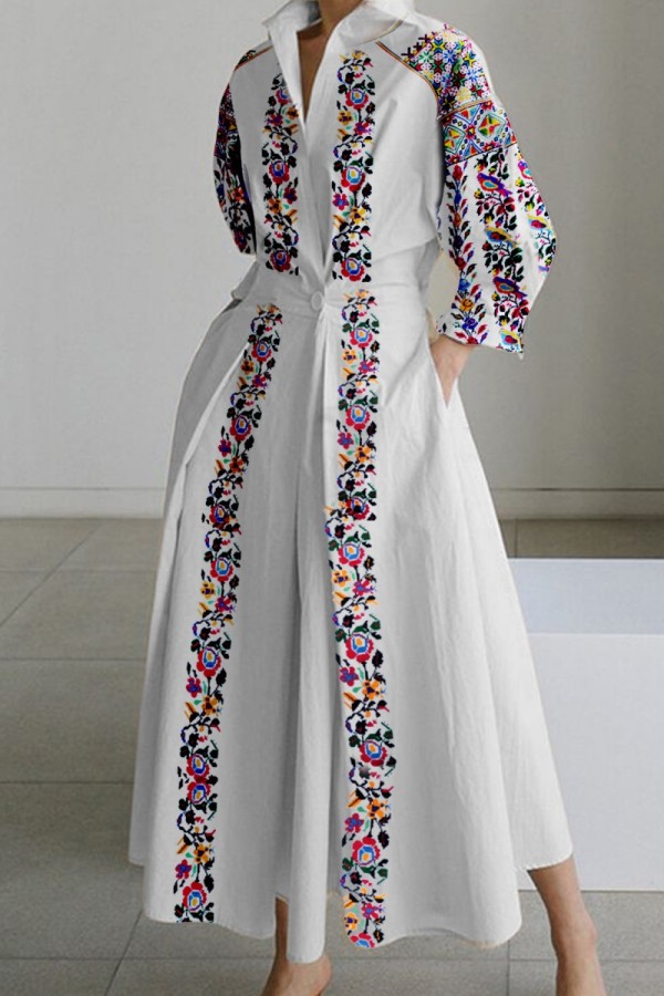 White Casual Print Patchwork V Neck Long Sleeve Dresses